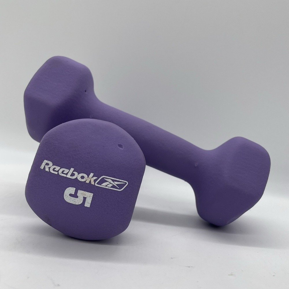 Purple Reebok Hex 5 lb. ea. Dumbbell Weights Set of 2 Neoprene Weight Training